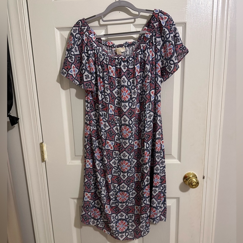 Michael Kors Off the Shoulder Mini/Midi Dress with Purple Pattern Detailing